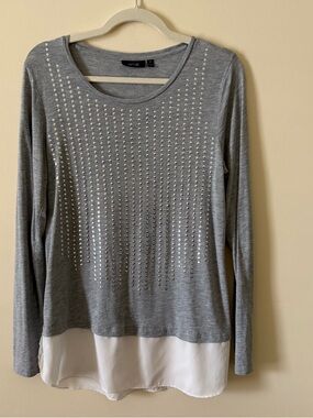 Apt. 9 Gray Long-Sleeve Top with Silver Stud Detailing and White Layered Hem